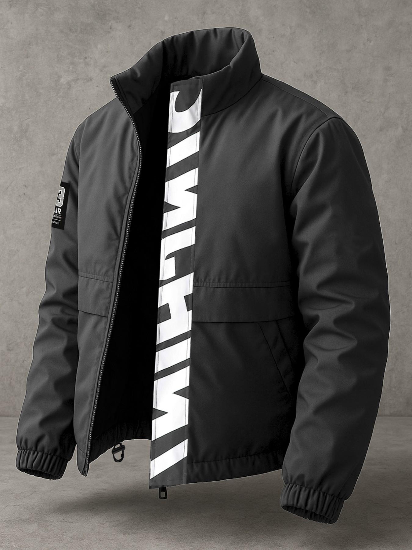 Men's Casual Workwear Zipper Jacket, Windproof Anti-Wrinkle Fabric, Stand Collar, Practical Pockets, Fashion Letter Print, Loose Fit