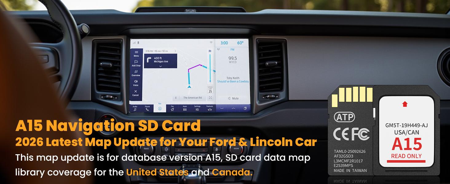 2025 Latest A15 Navigation SD Card Map Accessory for Ford Lincoln, F-150 Explorer Fusion Expedition Escape Edge MKC MKZ MKX Sync 2 Navigation SD Card Accessories Update USA/Canada Maps, GM5T-19H449-AJ