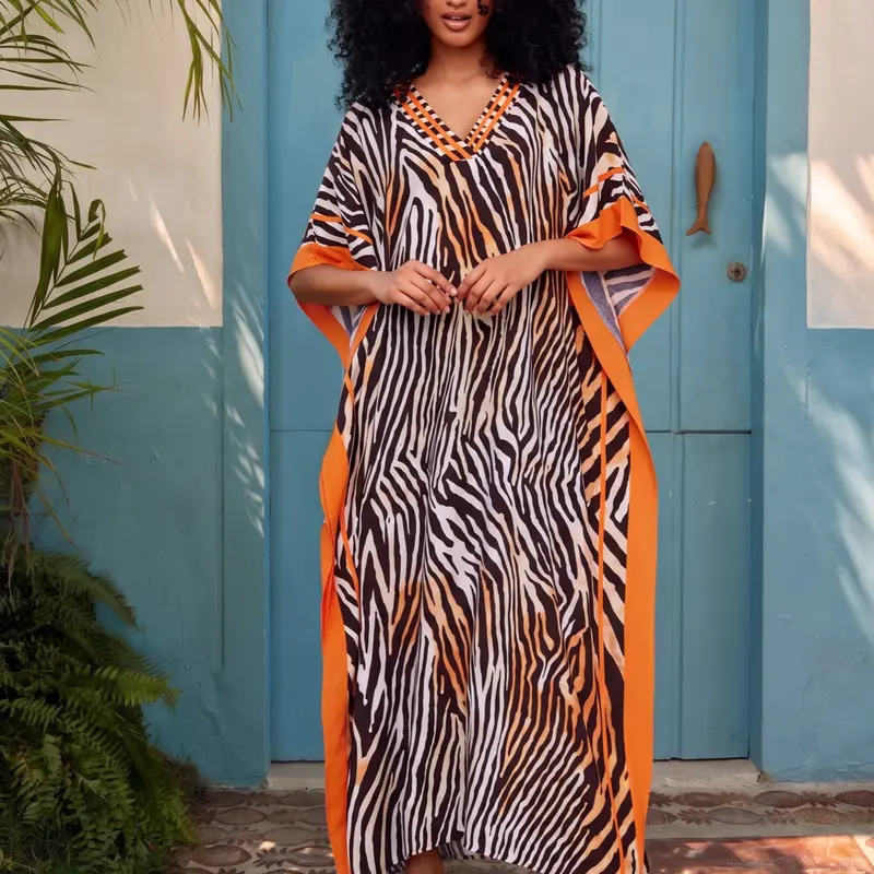 EDOLYNSA Striped Women's Casual Kaftan Maxi Long Dress, Maxi Dresses, Oversized Chic Bohemian Casual Trendy House Robe, Beachwear Vacation Bathing Suit Cover-Up, Loungewear