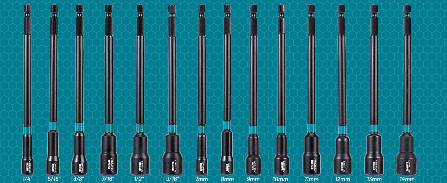 LIBRATON 31PCS Magnetic Nut Driver Set,fathersdaygift,  1/4" Impact Drill Driver Bit Set, Long Nut Drivers 6INCH, Metric & SAE Nut Drivers for Impact Drill, Socket Set, Impact to Hex Converter, PH1, PH2, Storage Box