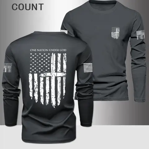 Men's Thin Fitted Long Sleeve T-Shirt, Flag Pattern Print Design, Casual Knit Top, Soft Fabric, Perfect Gift for All Seasons, Casual Letters Print, Fitted Casual Style