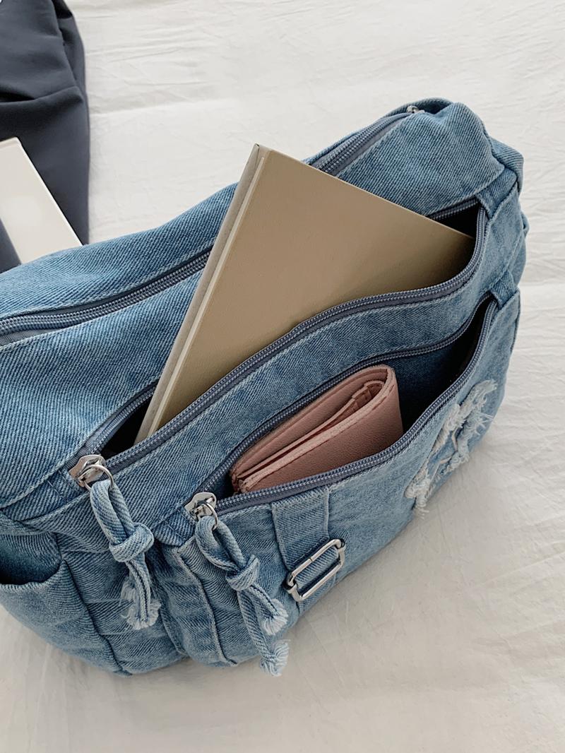 Fashion trend casual Joker shoulder messenger bag, Denim messenger bag, niche design retro wash jeans craft commuter shoulder messenger bag, personality versatile  multi-zipper design suitable for student ， shopping， trips and so on.