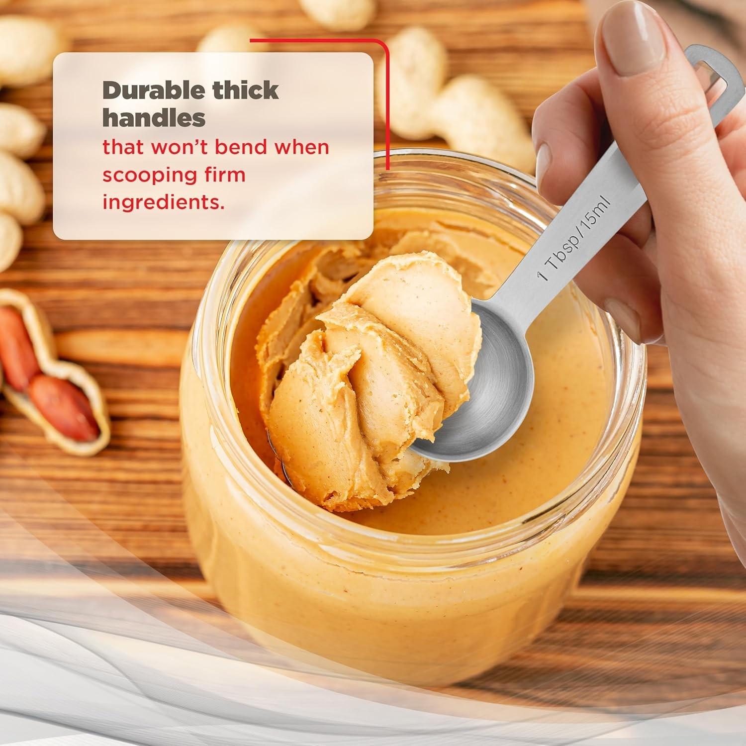 6 Piece Stainless Steel Measuring Spoons Set, Us and Metric Units, Detachable Ring, Dishwasher Safe, Includes 1tbsp, 1tsp, 1/2tbsp, 1/2tsp, 1/4tsp, 1/8tsp.Simplify your kitchen routine with measuring spoons that are dishwasher safe and quick to clean