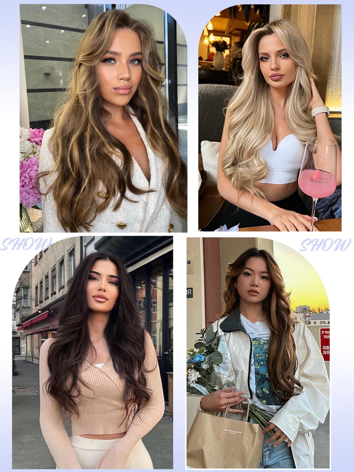 ALXNAN Synthetic Bleach Blonde Clip-in Hair Extensions Natural Straight Long Layered for Women Curly Wavy Heat Resistant Natural Straight