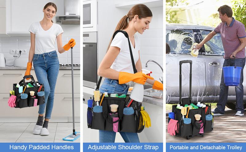 Rolling Cleaning Caddy Bag with Detachable Trolley, Professional Portable Large Cleaning Bag with Wheels, Wearable Cleaning Supply Bag on Wheels for Housekeepers, Rose Red