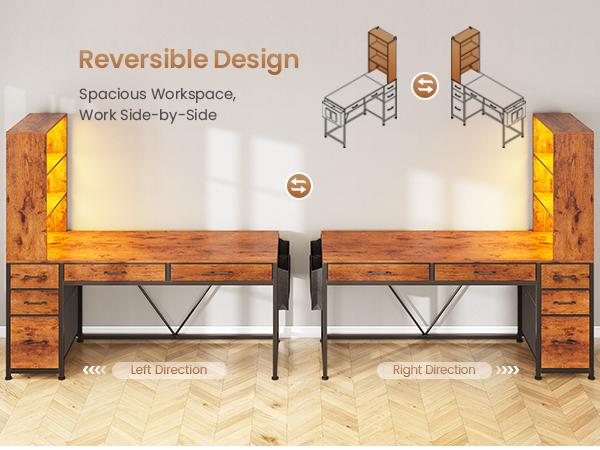 SEDETA 47.2 Inch Reversible Gaming Desk with LED Lights Drawer Storage Bookshelf for Small Spaces Furniture Office Tables Cabinets Wood Design Modern