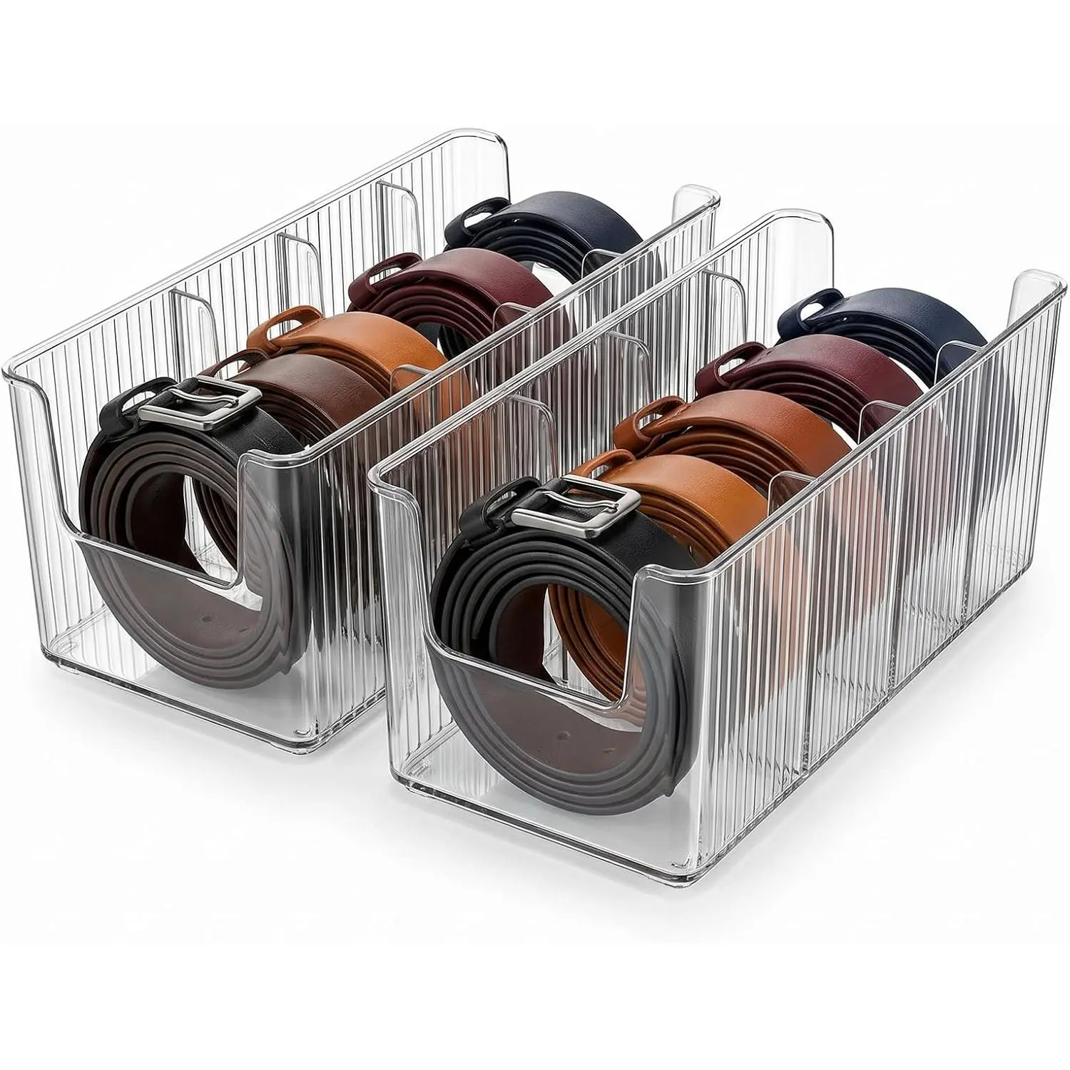 Belt Organizer, 2 Pack Clear Belt Storage Box with 4 Adjustable Compartments, Stackable Durable  Belt Holder, Anti-Scratch Belt Display Case for Closet and Drawer Organization