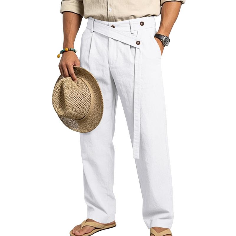 Men's 2026 Spring Summer Plain Linen-Cotton Fabric Wide Leg Trouser, Irregular Cross Buckle Waist, Loose Fit for Big-Tall Menswear, Ideal for Beach Vacation & Daily Commute (Polyester-Blended Option Available)