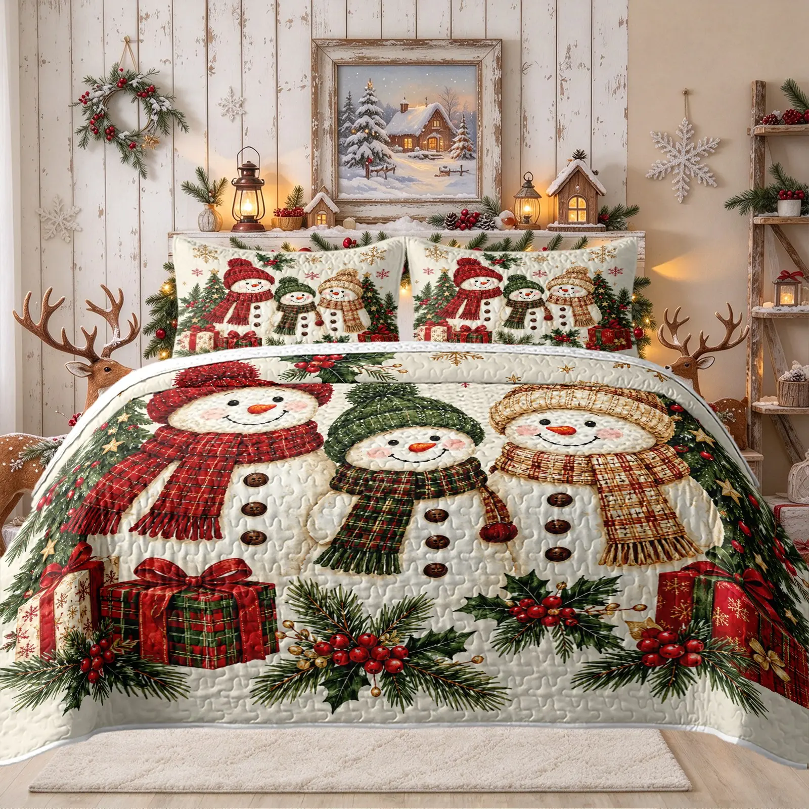 3pcs Snowman Christmas Quilt Set, Christmas Bedding Set Three Knit Hat Snowman Pine Tree Gift Snowflake Printed Quilt with 2 Pillow Shams, All Season Use Reversible Design No Comforter Inside, Sweet Christmas Home Gift for Whole Family