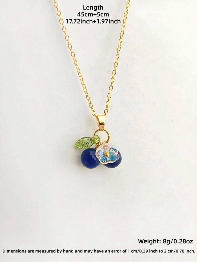 Fashion Trendy Blueberry Acrylic Leaf Flower Pendant Necklace, Simple Design Women Fruit Party Vacation Versatile Necklace
