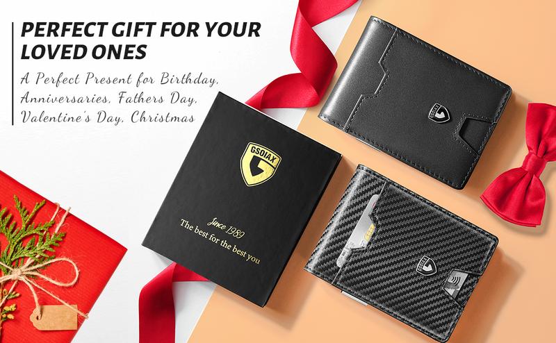 GSOIAX Mens Slim Wallet with Money Clip,RFID Blocking Minimalist Genuine Leather Carbon Fiber Wallet, 11 Card Slots Bifold Credit Card Holder With Gift Box