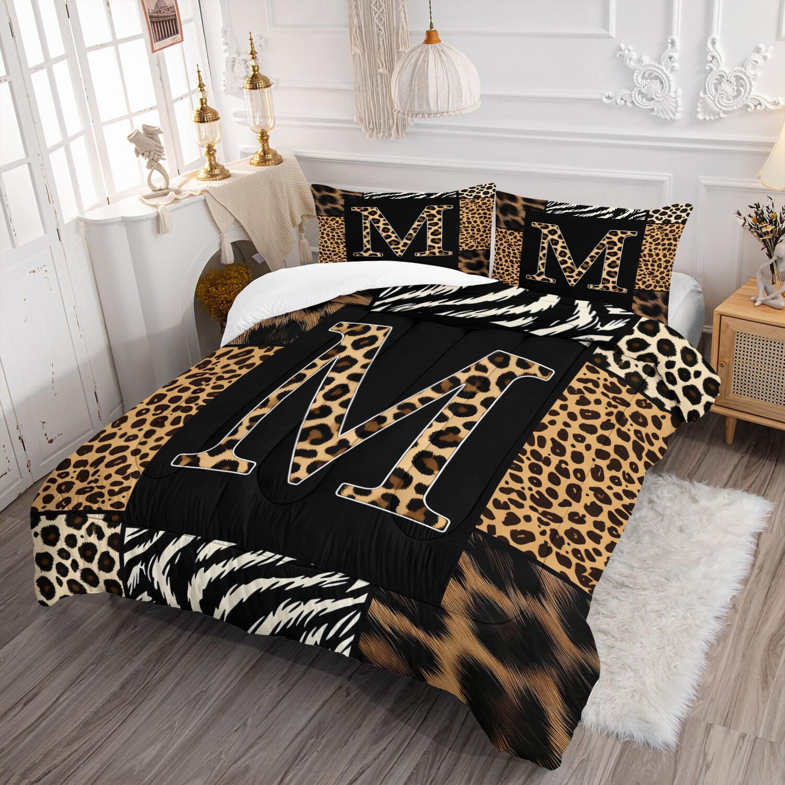 Wild Patchwork First Letter Print Comforter Set & 1-2 Pillowcases No Core, Leopard Print Letters A-Z, Zebra, Hair Texture Collage Pattern, Soft Warm Bedding, Wild Sexy Bedroom Decor, Ideal Gift Choice