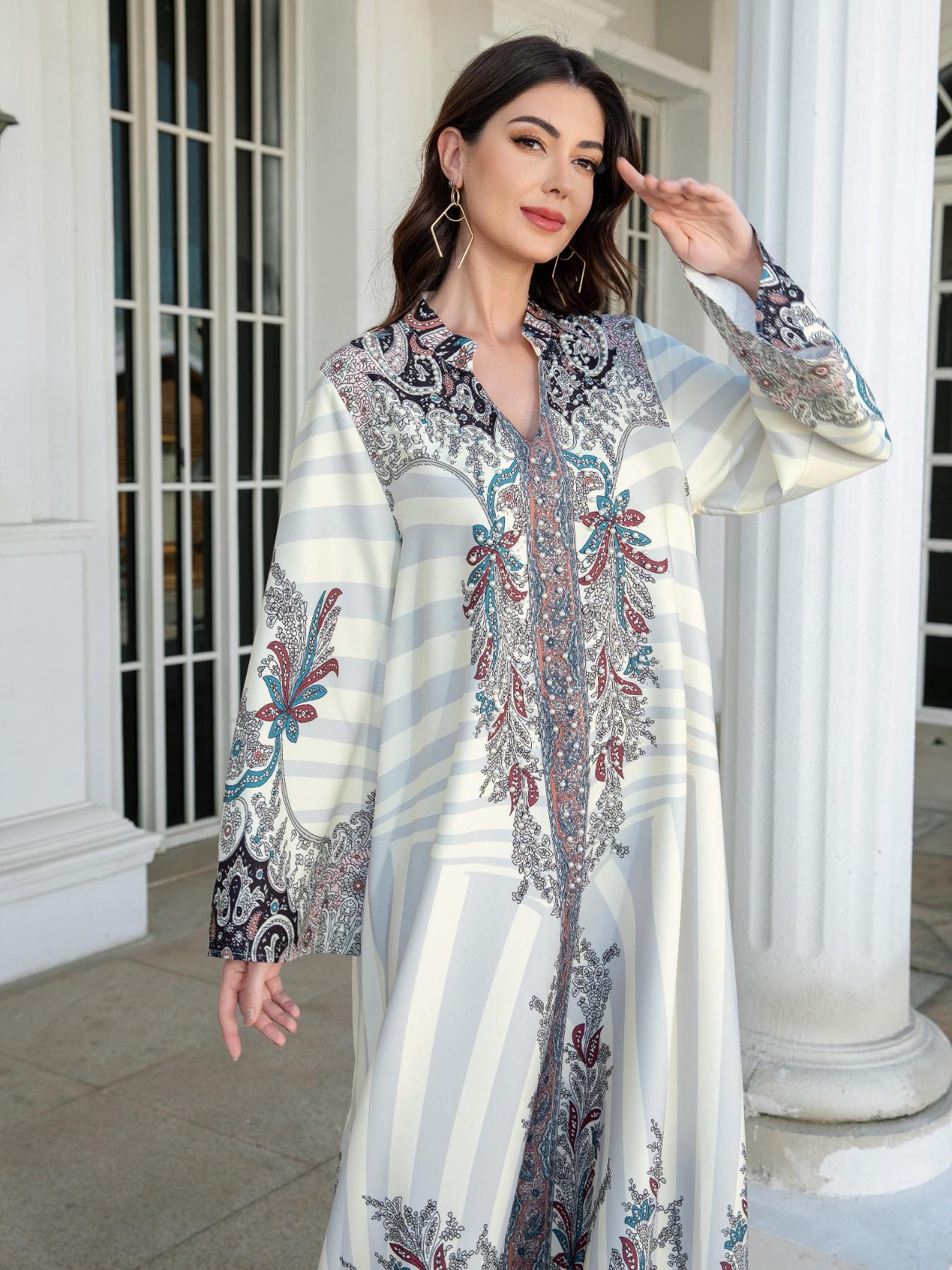 Women's Long Robe Dress Abaya, Stand Collar Design, Printed Embellished Beaded New Style, Cross-Border Muslim Fashion