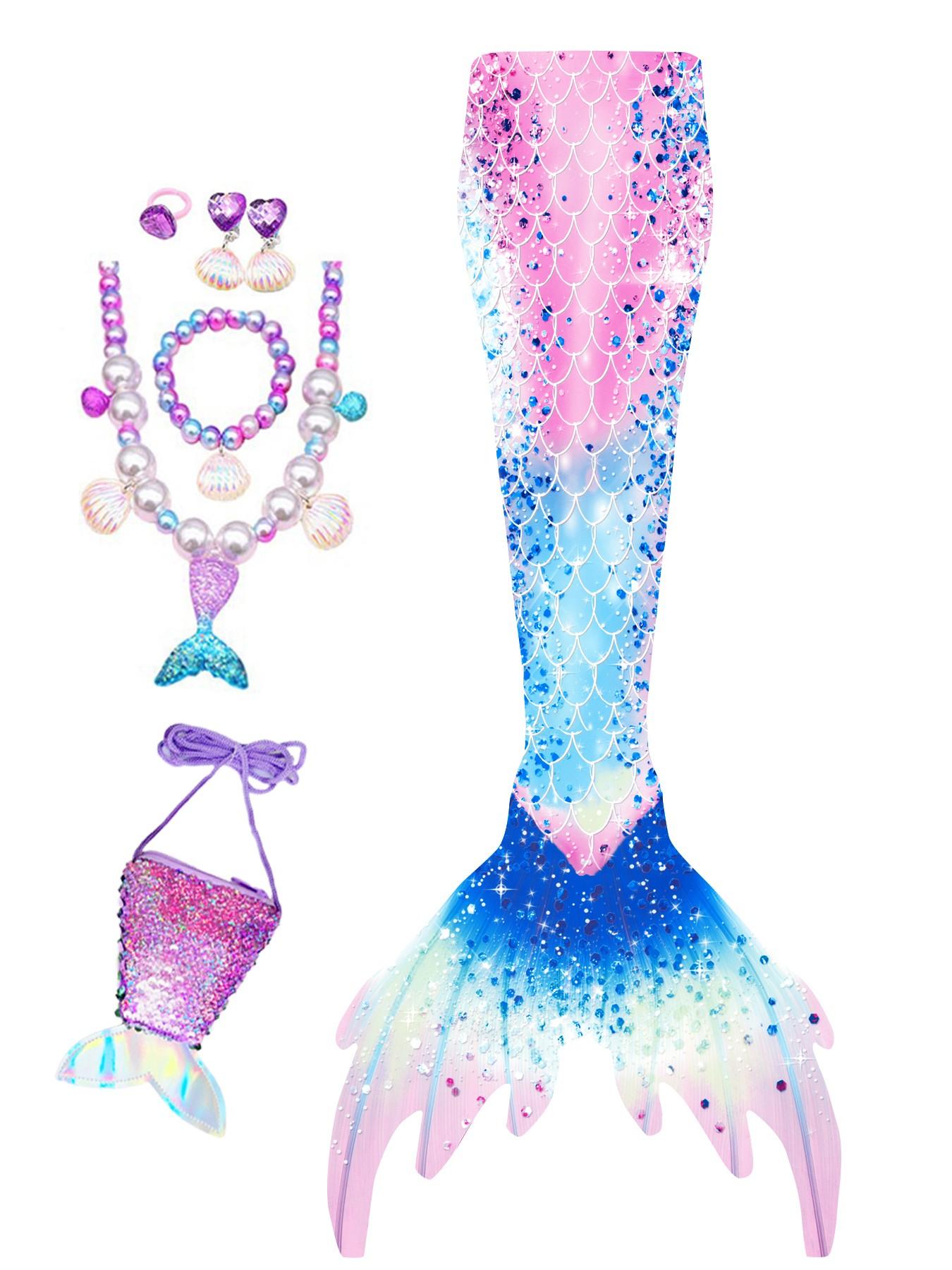 Girls Mermaid Tail Swimsuit, Sweet and Cute High Elastic Fabric for Heights 110-150cm, Includes Accessories for Beach Parties.Including a  mermaid tail bag, necklace, bracelet, earrings and a ring. Excluding tops, pants and black flippers.