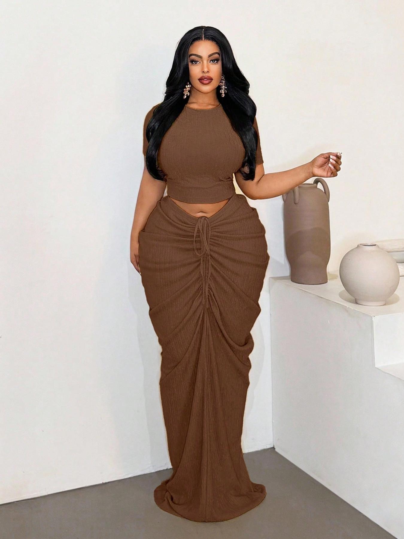 Plus Size Two-Piece Women's Set, Ribbed Short Top & Drawstring Pleated Skirt, Sexy Slim Fit Evening Party Dress, Curvy Friendly Fashion Plus Size Two-Piece Women's Set, Ribbed Short Top & Drawstring Pleated Skirt, Sexy Slim Fit Evening Party Dress, Curvy Friendly Fashion