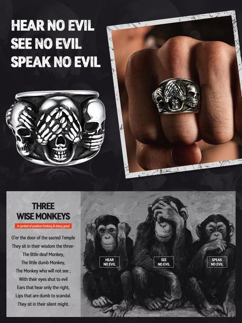 FaithHeart See No, Hear No, Speak No Skulls Band Ring Stainless Steel FaithHeart See No, Hear No, Speak No Skulls Band Ring Stainless Steel