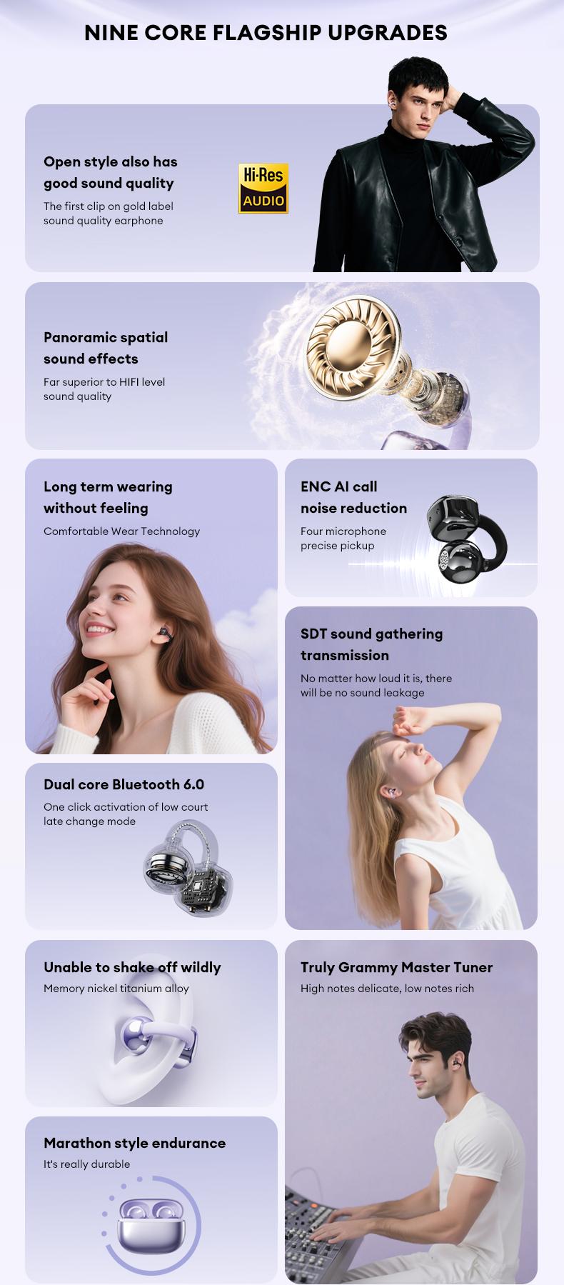 PAXA Clipbuds 7 Clip-on Design Wireless Headphones, Powerful Sound Effects for Music, Dustproof & Waterproof Sports Earbuds for Running, Workout, Audio