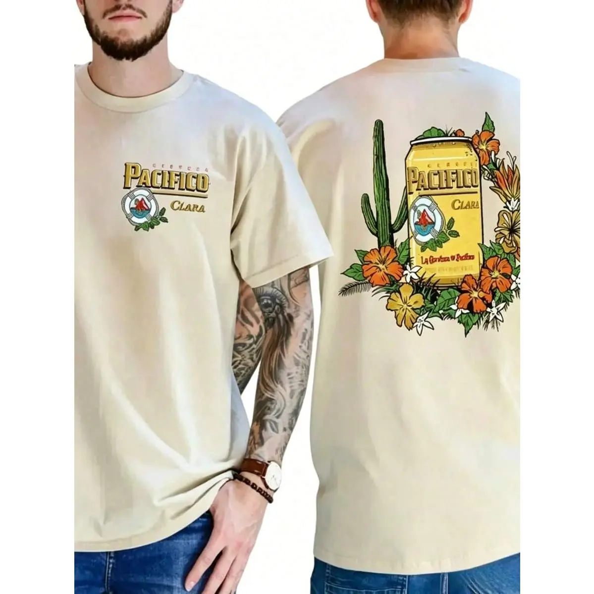 Men's Cotton Oversized Shortsleeve Casual Tee - Menswear, Pacifico Clara Beer Retro Mexican Cactus Floral Graphic Print, Round Neck Summer Vacation Top for Guys, Machine Washable Sports & Outdoor Top