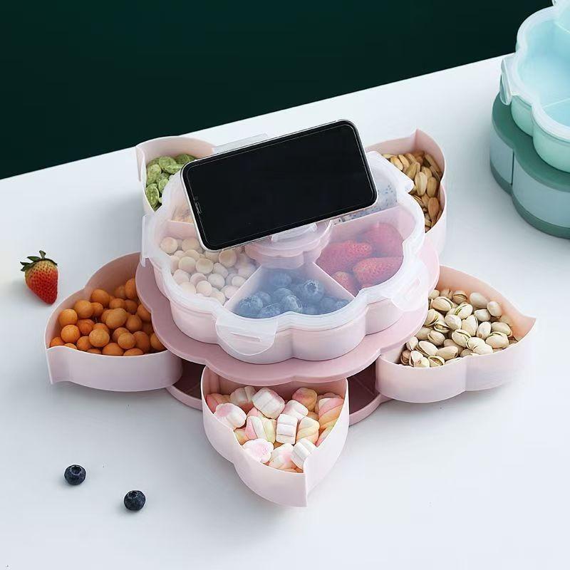 Rotating Divided Snack Tray - a Rotating Compartmentalized Food Storage Box with Multiple Sections, Featuring a Lid for Storing Snacks Like Chips, Nuts, Dips, And Vegetables