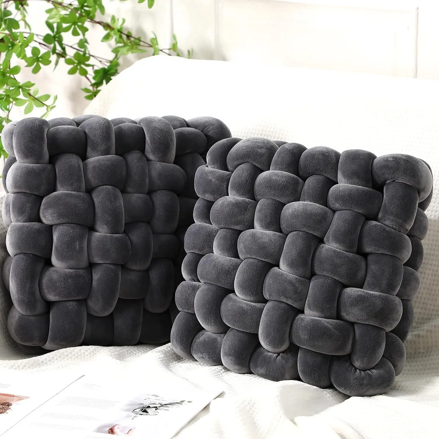 2 Pcs Knot Pillows Square Knotted Plush Throws Soft Accent Pillows Decoration Cushion for Couch Home Office Living Room Bedroom Bed Sofa Decor, 12'' x 13''(Dark Gray,Crystal Velvet)