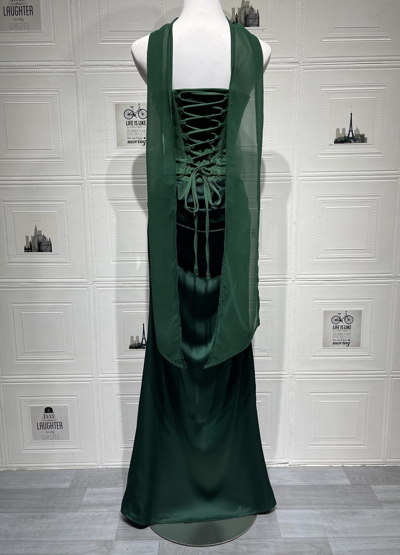 2026 European and American new style solid color waist-cinching sexy strapless bodycon long dress satin tie-back dress with ribbons