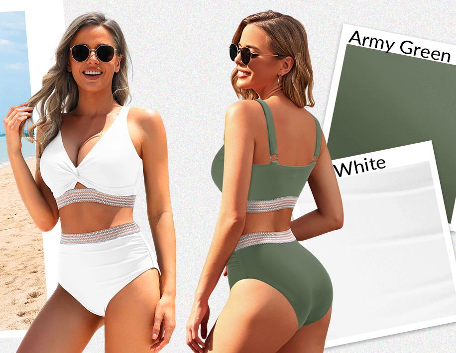 Yonique Women's High Waisted Bikini - Twist Front Two Piece Swimsuit Color Block Full Coverage Bathing Suit