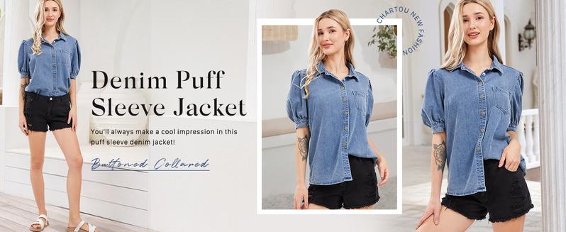 CHARTOU women's casual washed bubble sleeve denim button up shirt cute retro denim short sleeved top