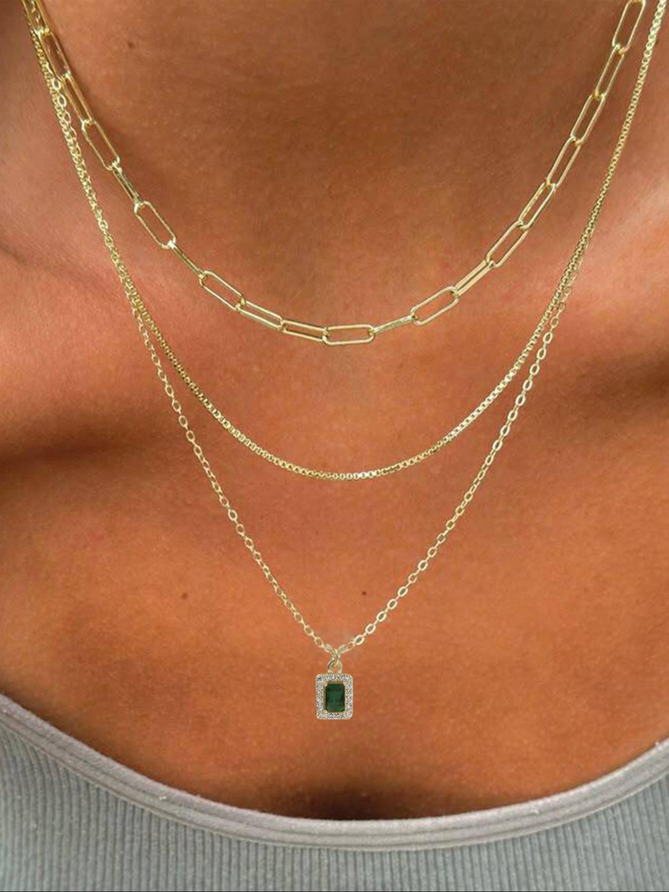 3 Piece Trendy Grid Paperclip Box Chain Set with Sparkling Star Artificial Zircon Rectangle Mini Pendant Necklace Minimalist Chain Necklace