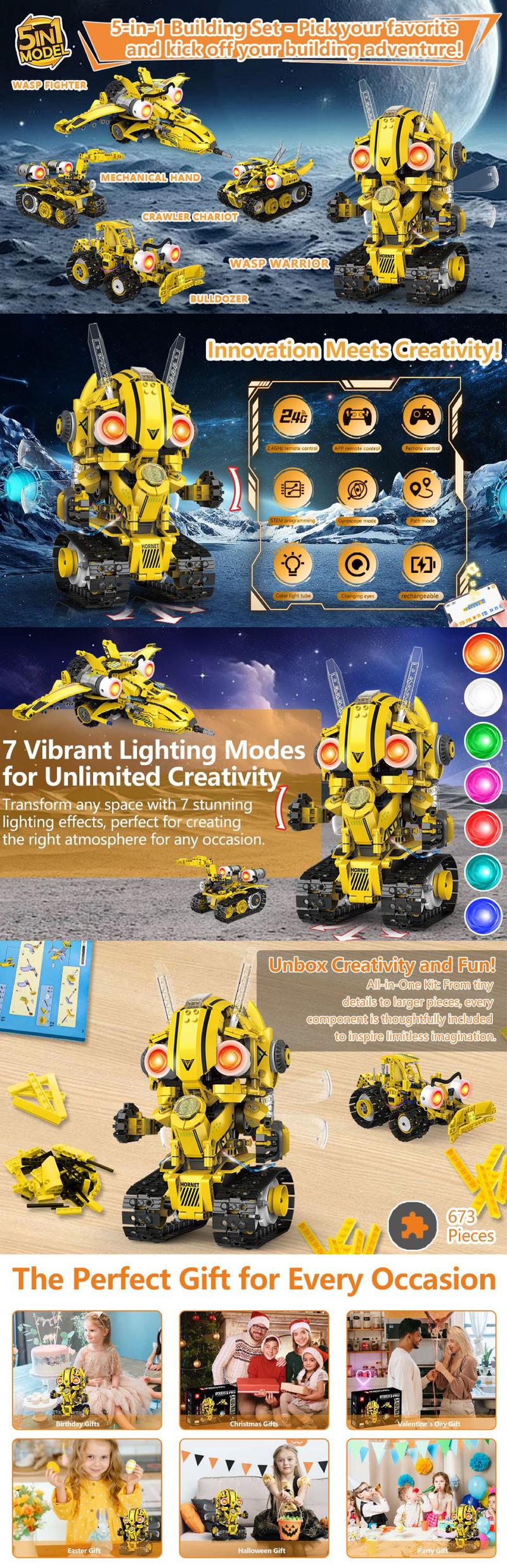 5 in 1 STEM RC Robot Building Kit, 673PCS Remote & App Controlled Jets Building Blocks Set, Valentine's Day gifts Robotic Technic Creative Toys, DIY Build Science Learning Gift for Boys Girls Age 6 7 8 9 10 11 12+，vdaygift