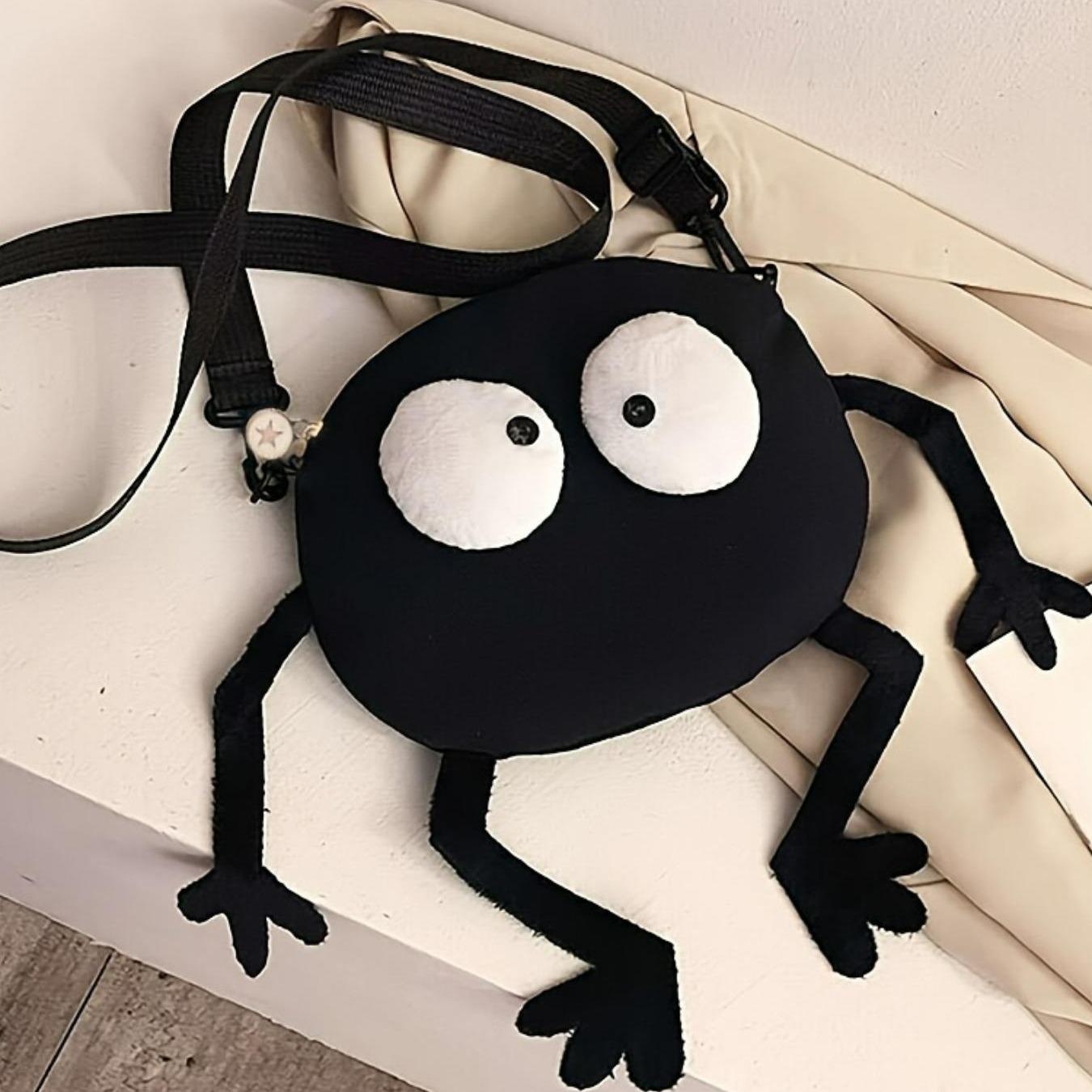 Cute Cartoon Charcoal Ball Design Canvas Handbag Organizer Bag, Minimalist Crossbody Bag with Colorful Edges, Stylish Daily Use