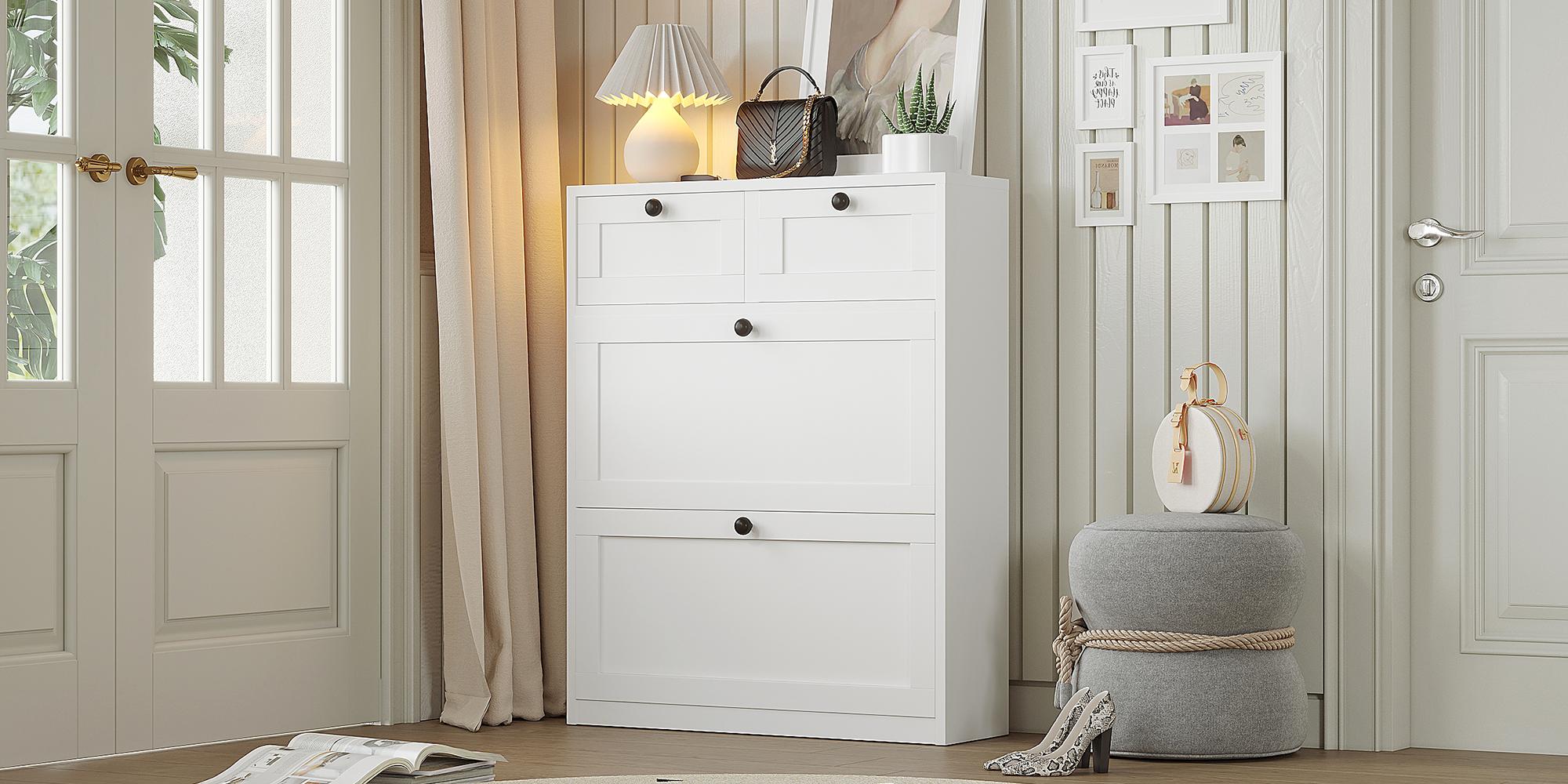 VOWNER Shoe Cabinet with 2 Flip Drawers & 2 Drawers, Freestanding Shoe Storage Cabinet with Adjustable Shelves, Shoe Organizer for Entryway, Hallway, Living Room, White Racks VOWNER Shoe Cabinet with 2 Flip Drawers & 2 Drawers, Freestanding Shoe Storage Cabinet with Adjustable Shelves, Shoe Organizer for Entryway, Hallway, Living Room, White Racks