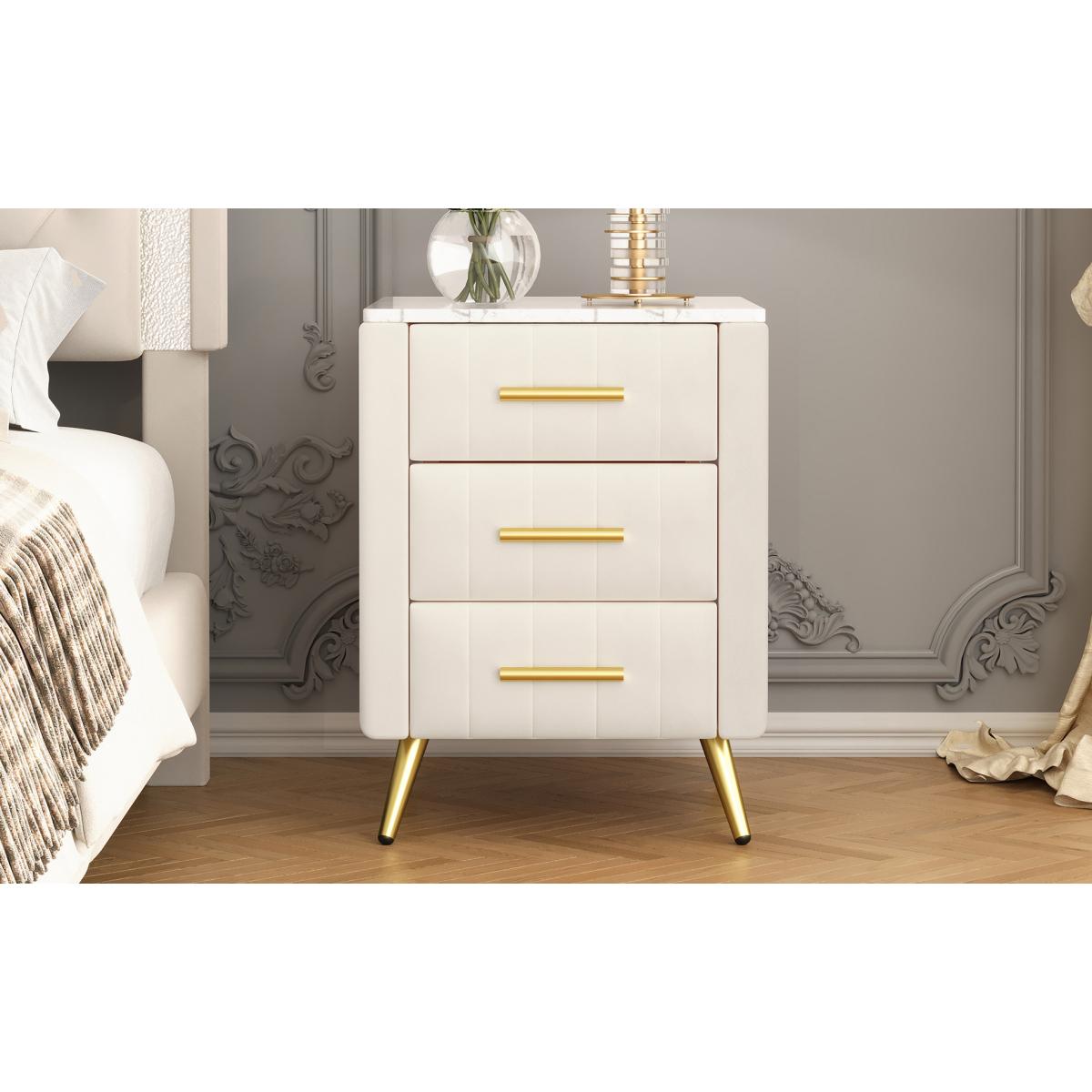 Upholstered Wooden Nightstand with 3 Drawers and Metal Legs&Handles, Bedside Table with Marbling Stickers Worktop - Beige,Velvet Nightstand with Marble Top, Large Storage Space
