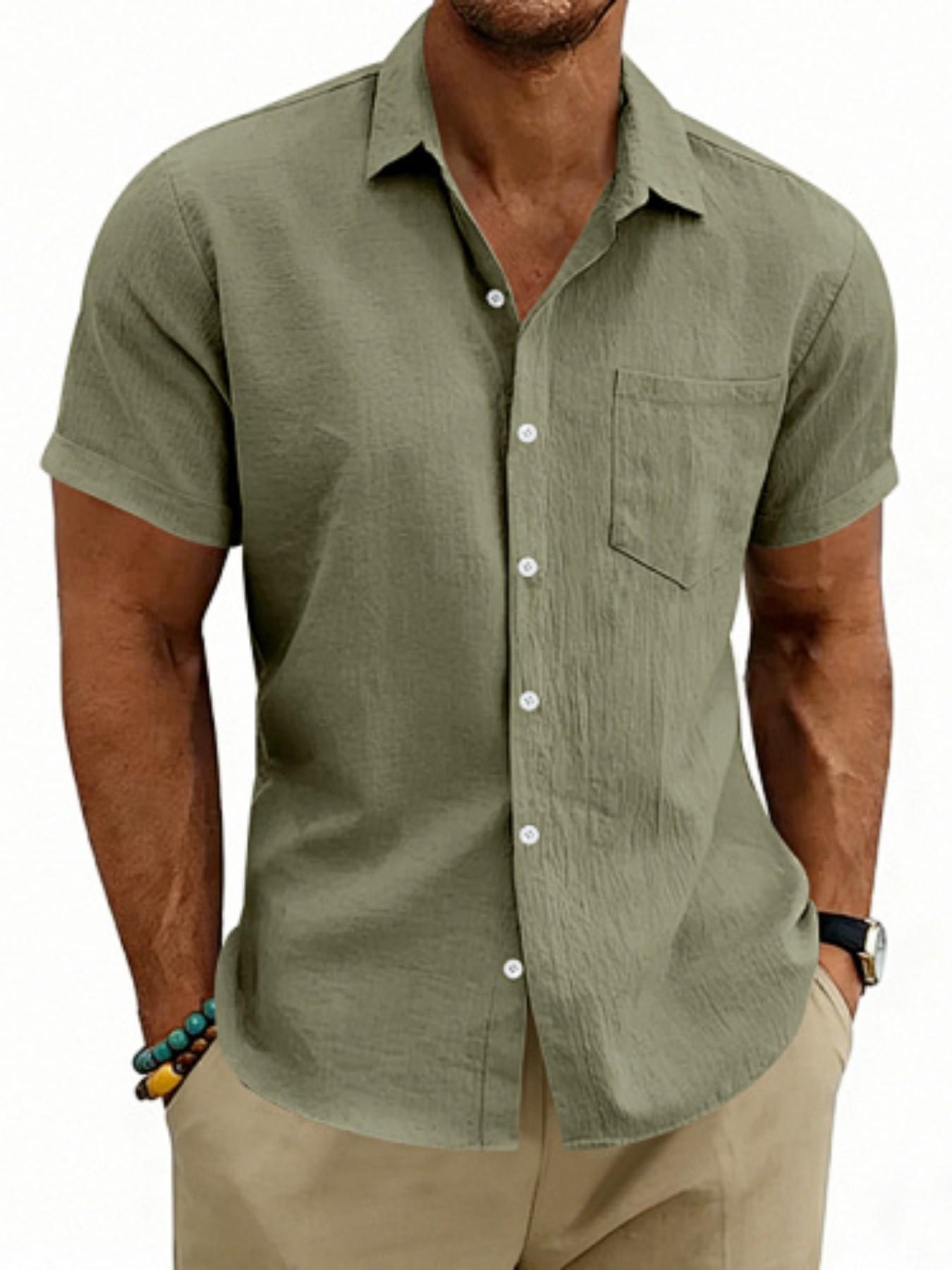 Men's Hawaiian-style linen loose-fit semi-high-neck short-sleeved top, designed for casual daily wear with comfortable and breathable fabric