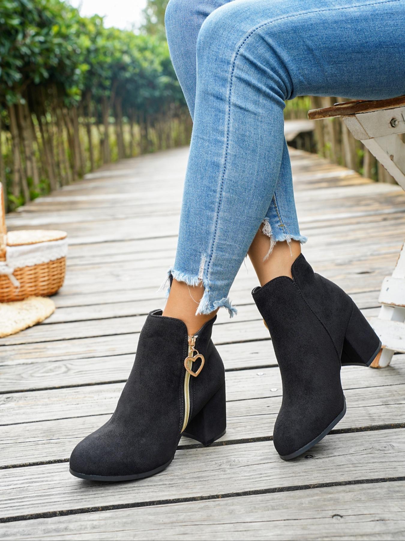 Women's Velvet Heart Zipper Chunky Heel Short Boots, Metal Heart Zipper, Faux Leather, Square Heel, Perfect for Sweet Office Style, Spring Fall