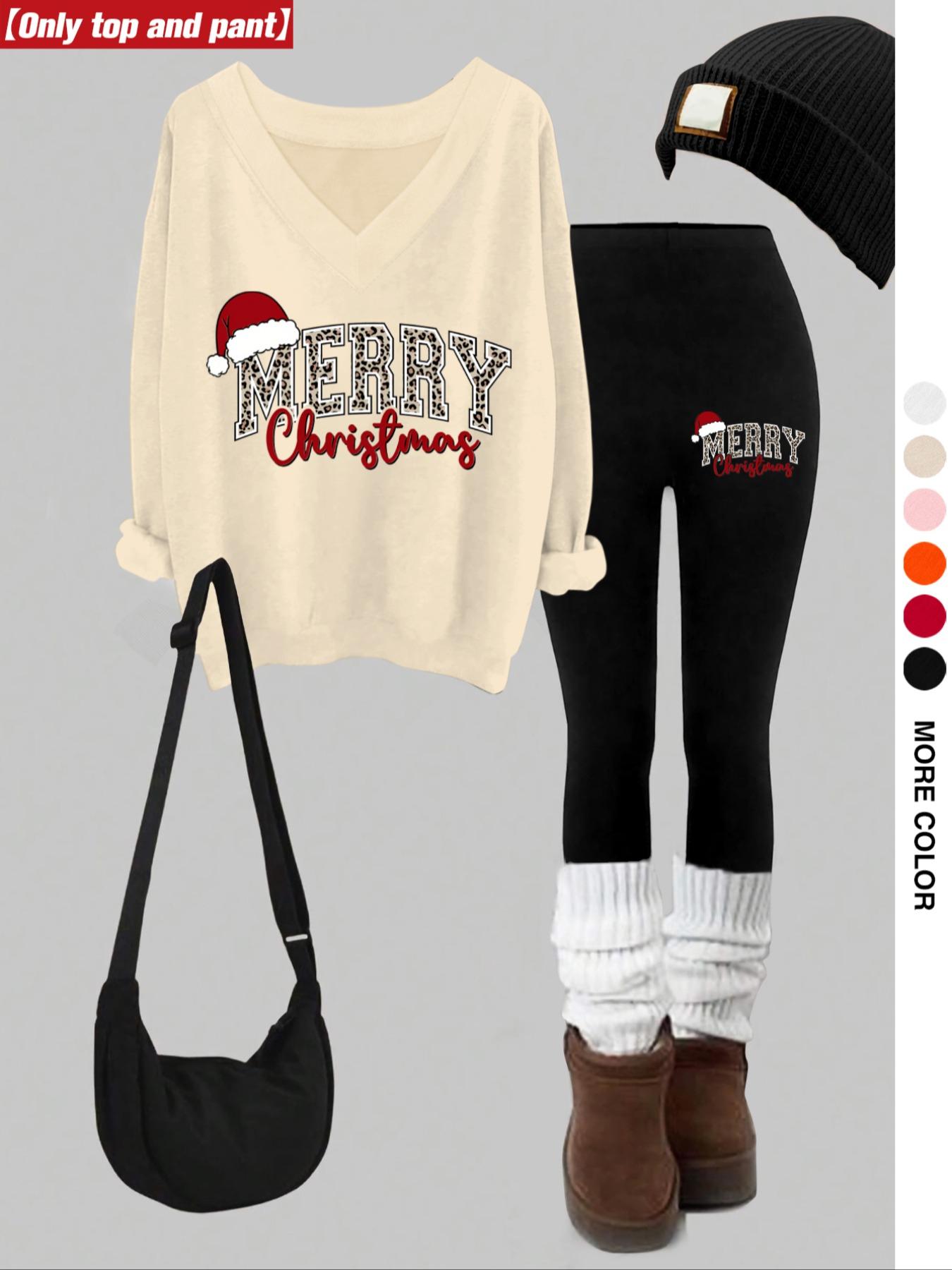 Women's Christmas Print V-Neck Long Sleeve Hoodie Set, Fitted Skinny Pants, Casual Fall & Winter, Multi Color Options, Matching Clothing Set