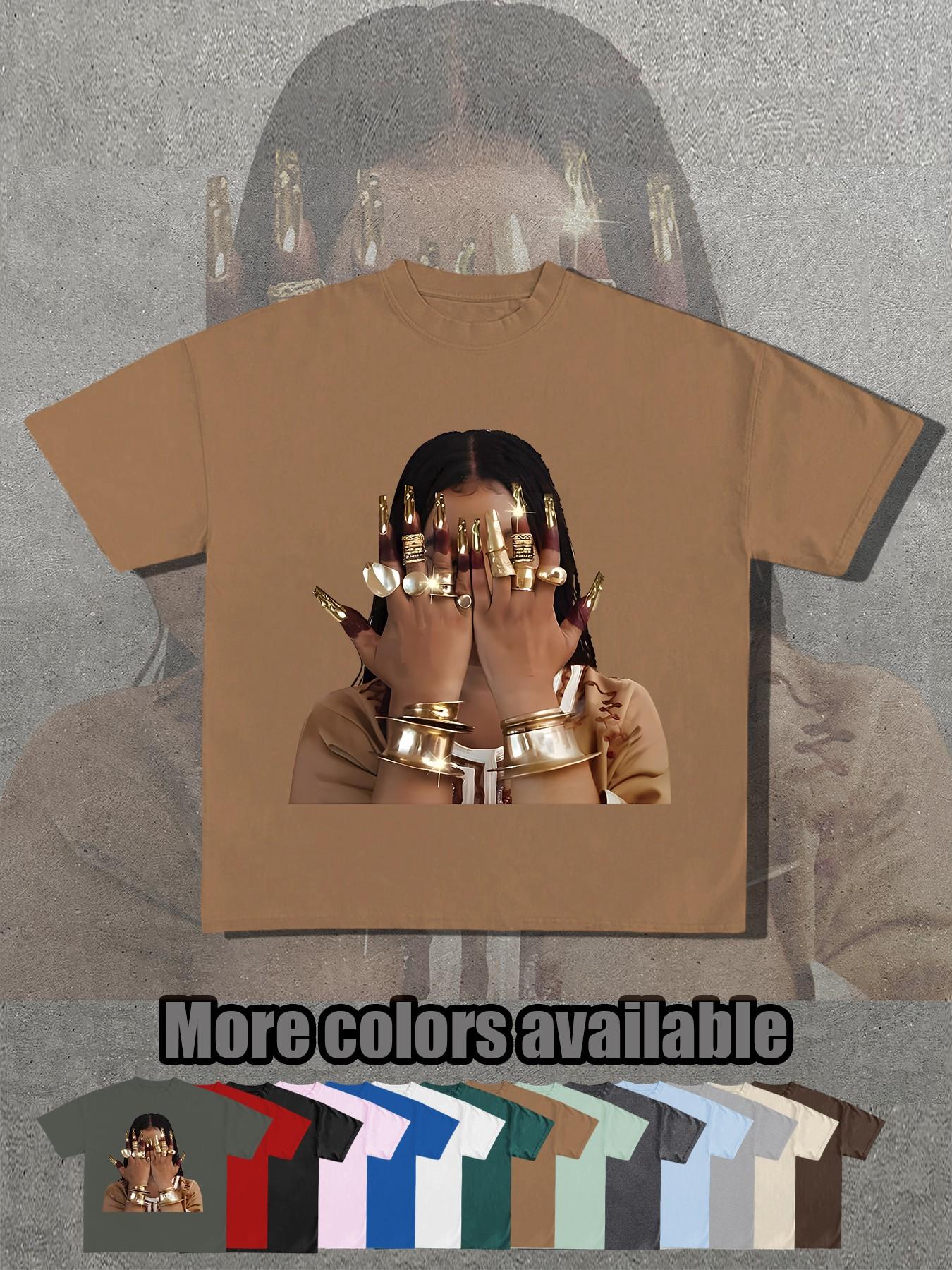 14 Color Options, Retro Egyptian Queen Gold Nail Print T-Shirt, Unisex Short Sleeve, Loose Fit, Street Style, Summer Fashion Essential