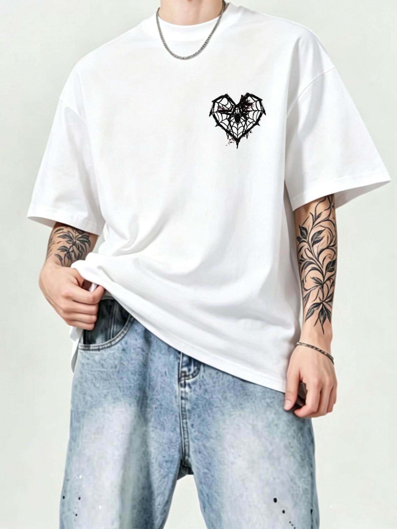 Dark Style Three Holy Bones Print Short Sleeve, High Street Trendy Vintage Loose Fit T-Shirt, Unisex Versatile Top