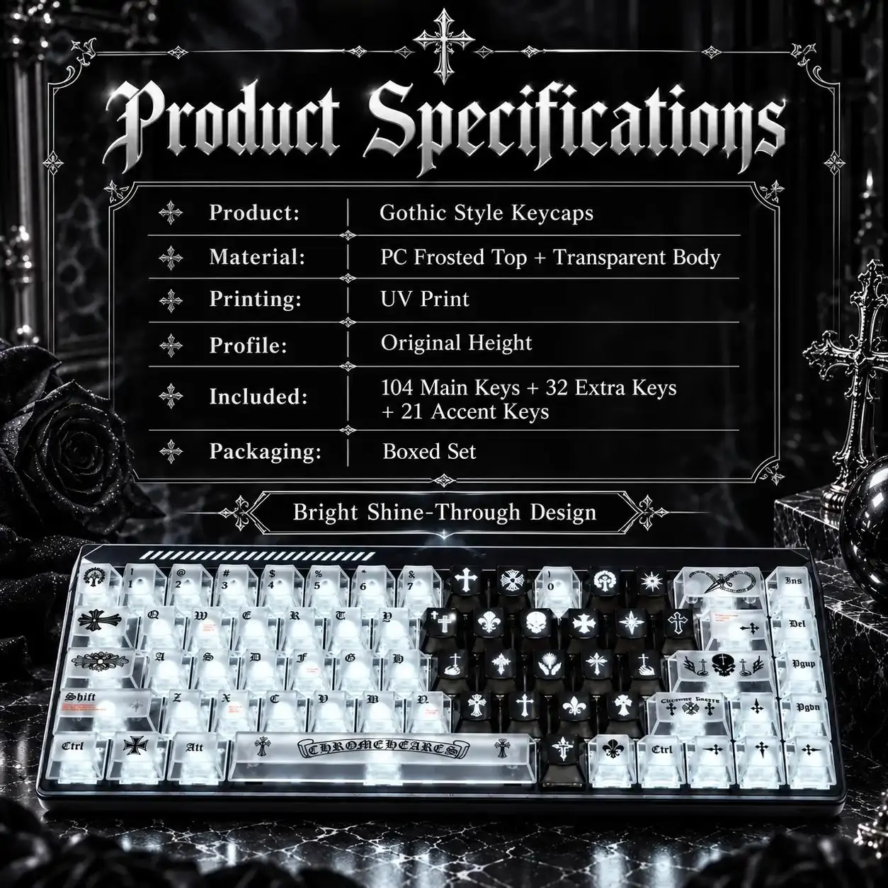 Gothic Style 157 Key Mechanical Keyboard Keycap Set Frosted Transparent PC Shine Through Keycaps With 21 Accent Keys MX Compatible For Gaming Office Typing Universal Fit For Most Mechanical Keyboards Smooth Touch Durable Construction