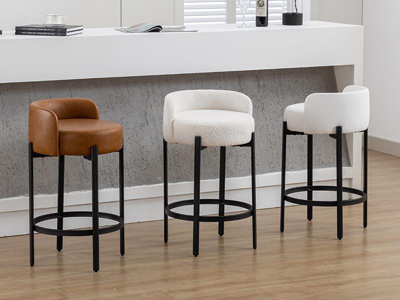 CHAIRUS Counter Height Bar Stools Set of 2, Modern 26"  Sherpa Fabric Round Barstools,Upholstered Counter Stools with Black Metal Legs and Footrest, Bar Stools for Kitchen Island Counter,Dining Room,Small Space, White