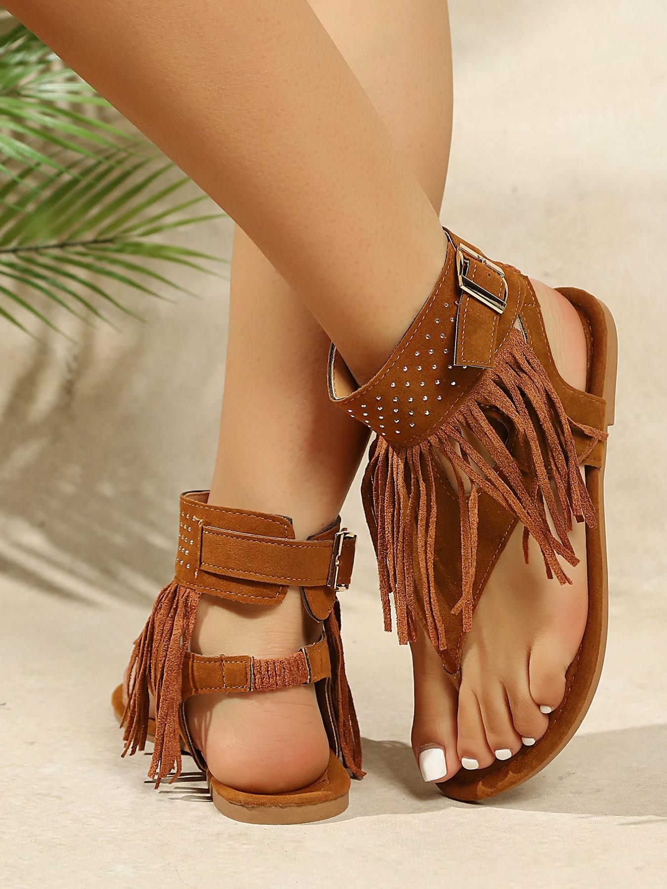 European Vintage Fringe Sandals, Rhinestone Embellished Adjustable Strap Flat Casual Women's Roman Slippers, Comfortable and Stylish Footwear