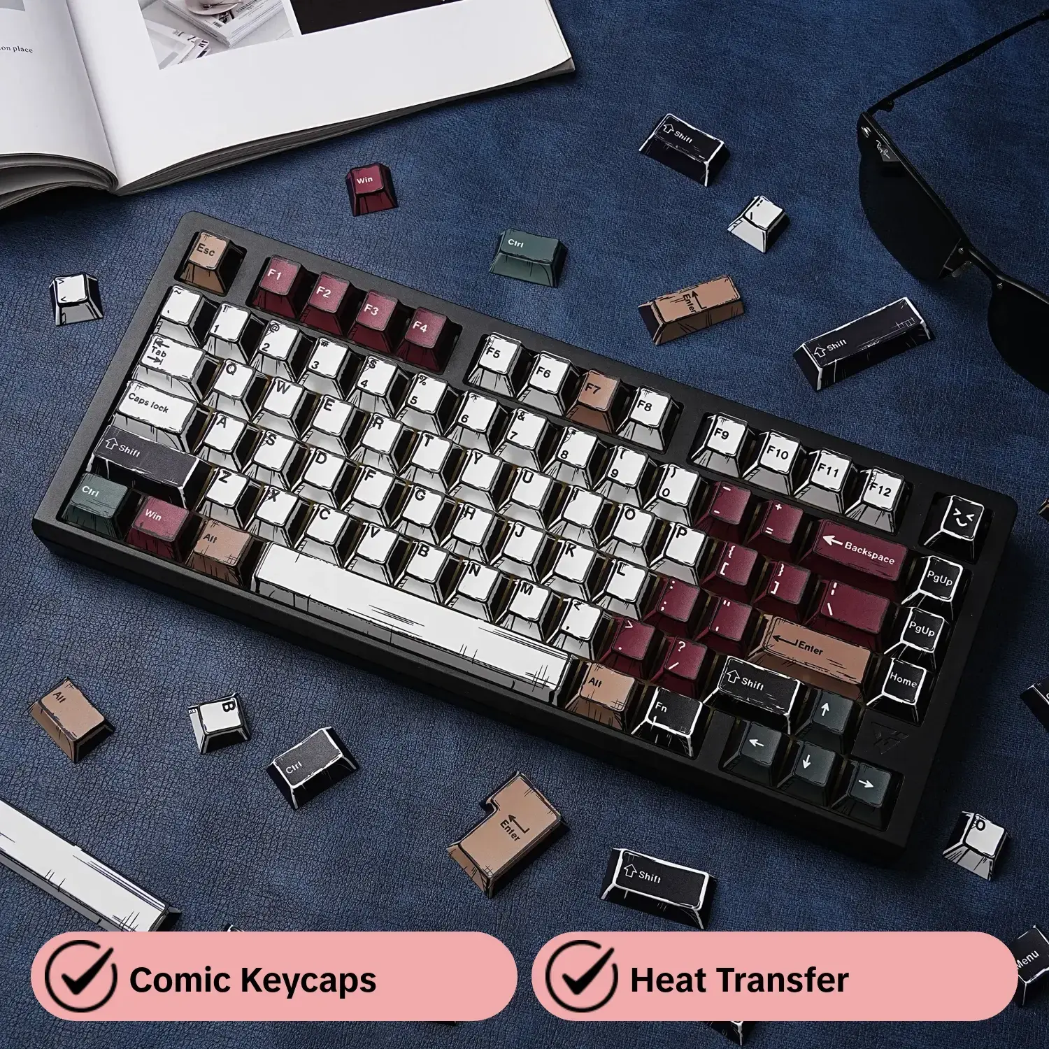 143 Key Original Height Comic Mixed Light R1 Keycap 5-Sided Heat Transfer Process Suitable for Mechanical Keyboard German/Spanish/French/English/Arabic