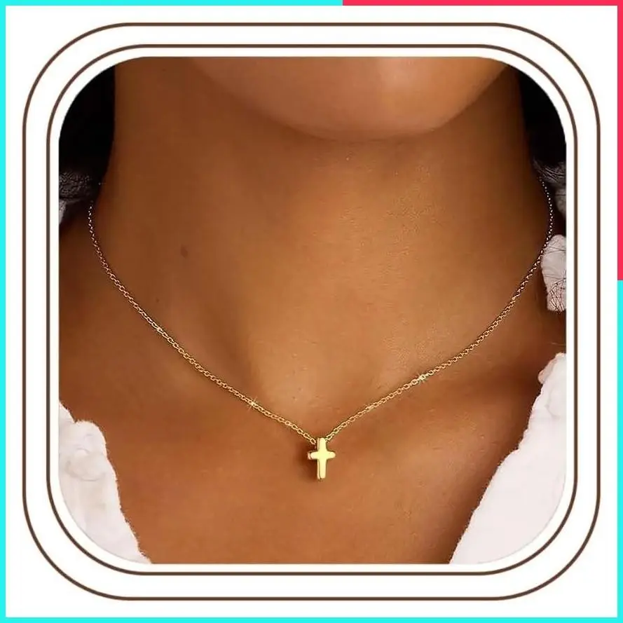 14K Gold Plated Dainty Sideways Cross Pendant Necklace for Women and Girls, Layered Cross Choker Necklace
