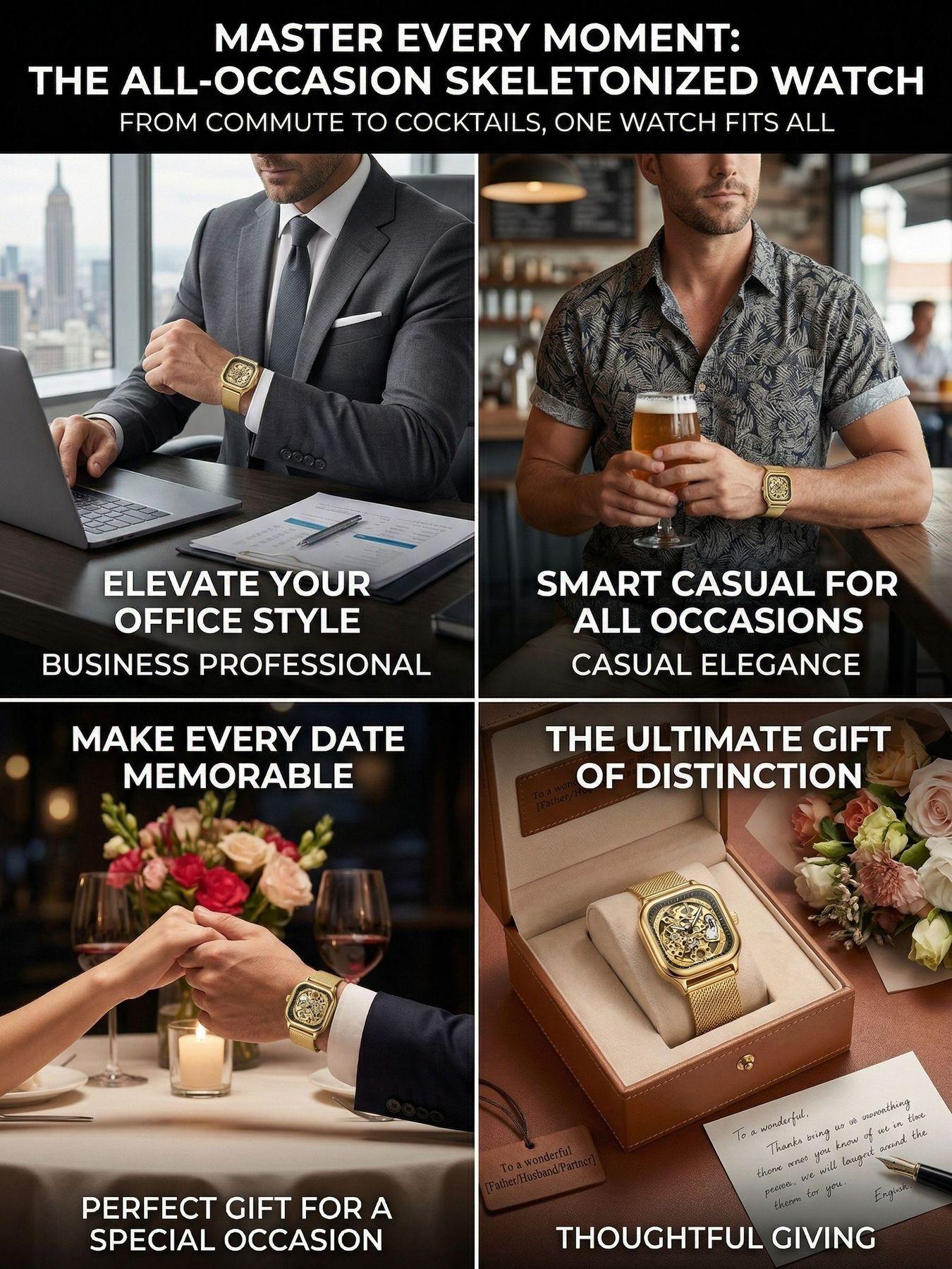 A men's open-work and see-through all-gold square case. Gold engraved movement. Business-style, luxury, trendy and personalized new model. Fully automatic mechanical wristwatch