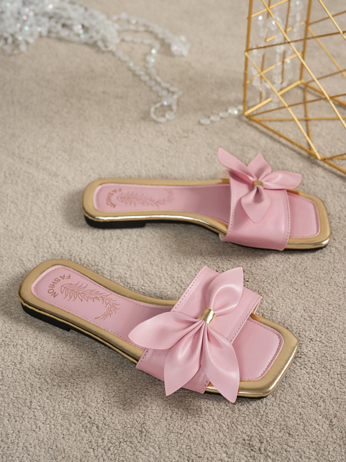 Women's Butterfly Knot Square Toe Sandals, Open-Toe Flat Slippers, Sweet Summer Beach Shoes, Casual Footwear for Women