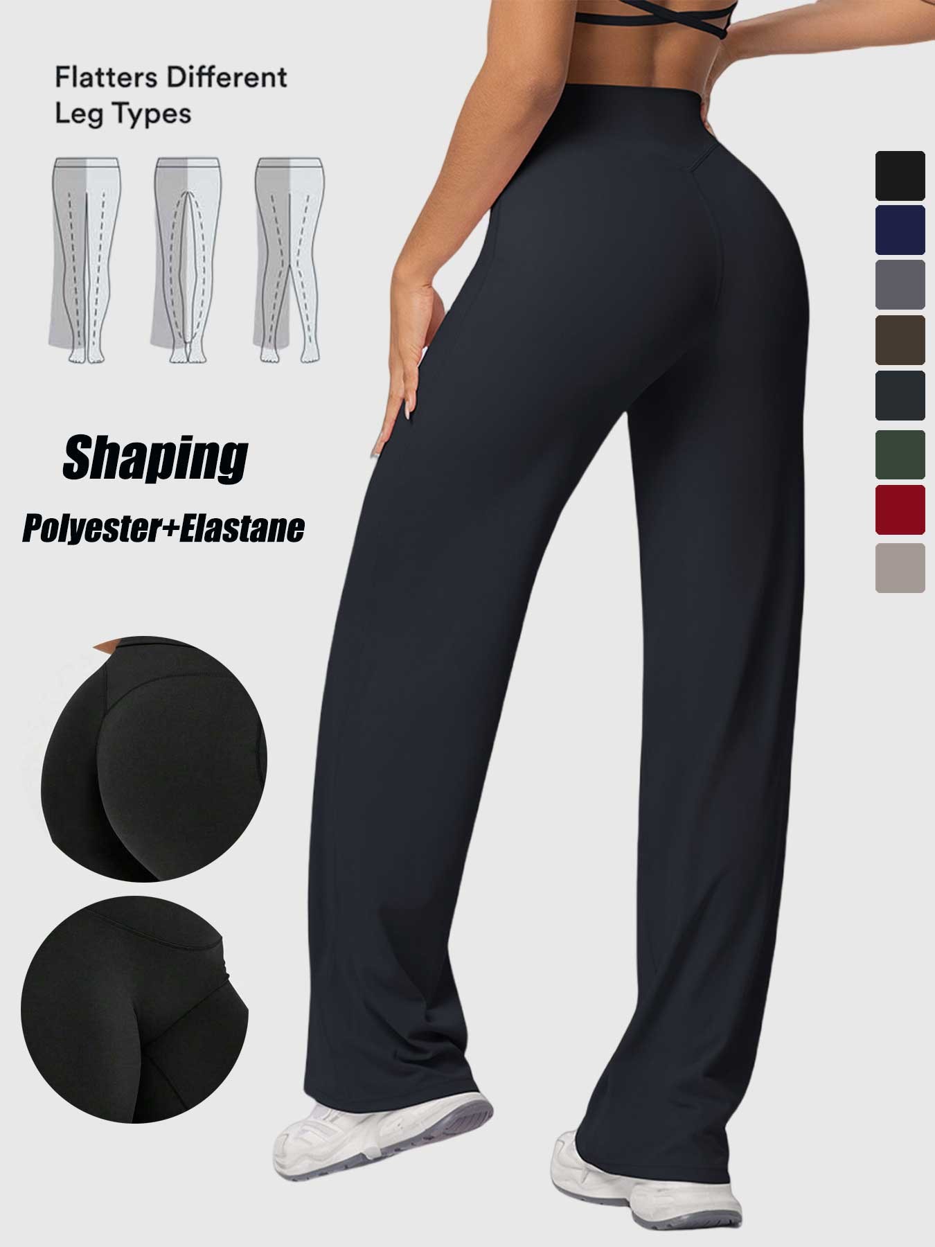 Women's High Waist Wide Leg Yoga Pants, Peach Butt Long Straight Leg Workout Pilates Fitness Quick-Dry Gym Wear, Polyester + Elastane, Athleisure Pants