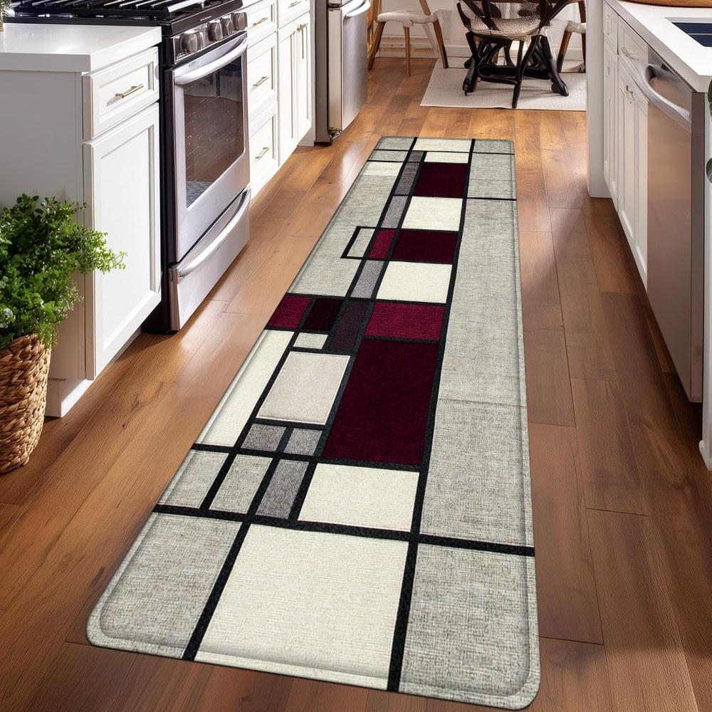 1PC， Black Red Gray Geometric Splicing Patterned strip rugs, home décor, bathroom mats, entryway mats, bathroom non-slip mats, indoor entrance rugs, bedroom bedside mats, kitchen mats, hallway rugs, flannel sponge rugs, hallway runner rugs