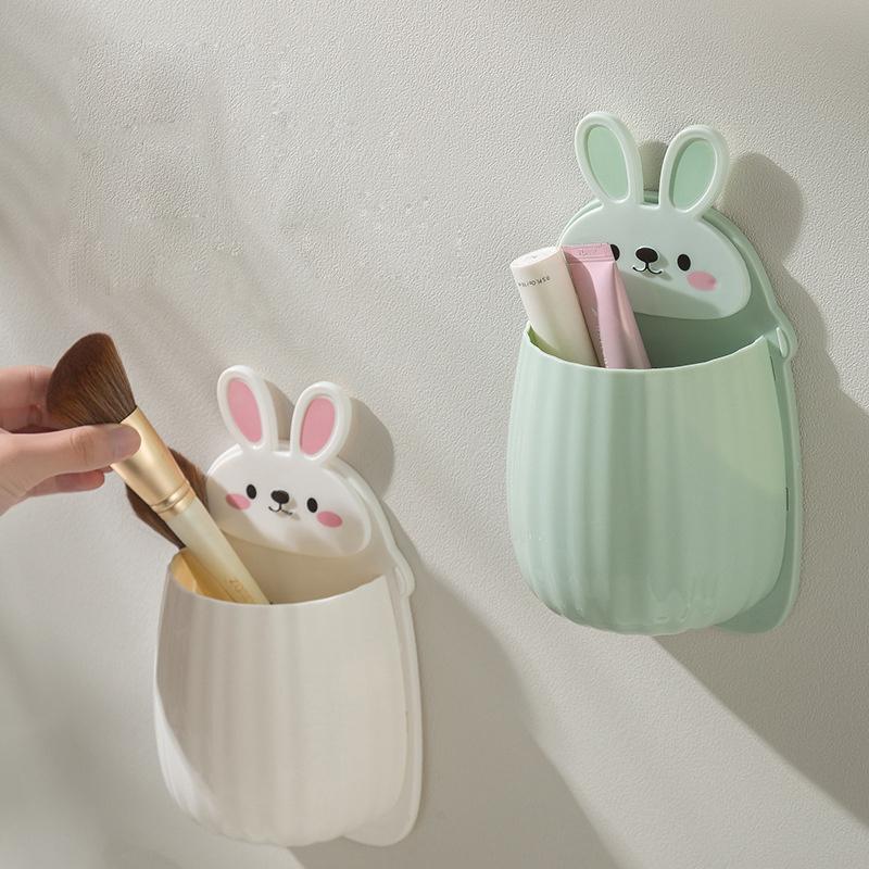 Cute Rabbit Design Toothbrush Holder, 1 Piece Wall Mounted Storage Box, Multifunctional Cosmetic Storage Box for Bathroom