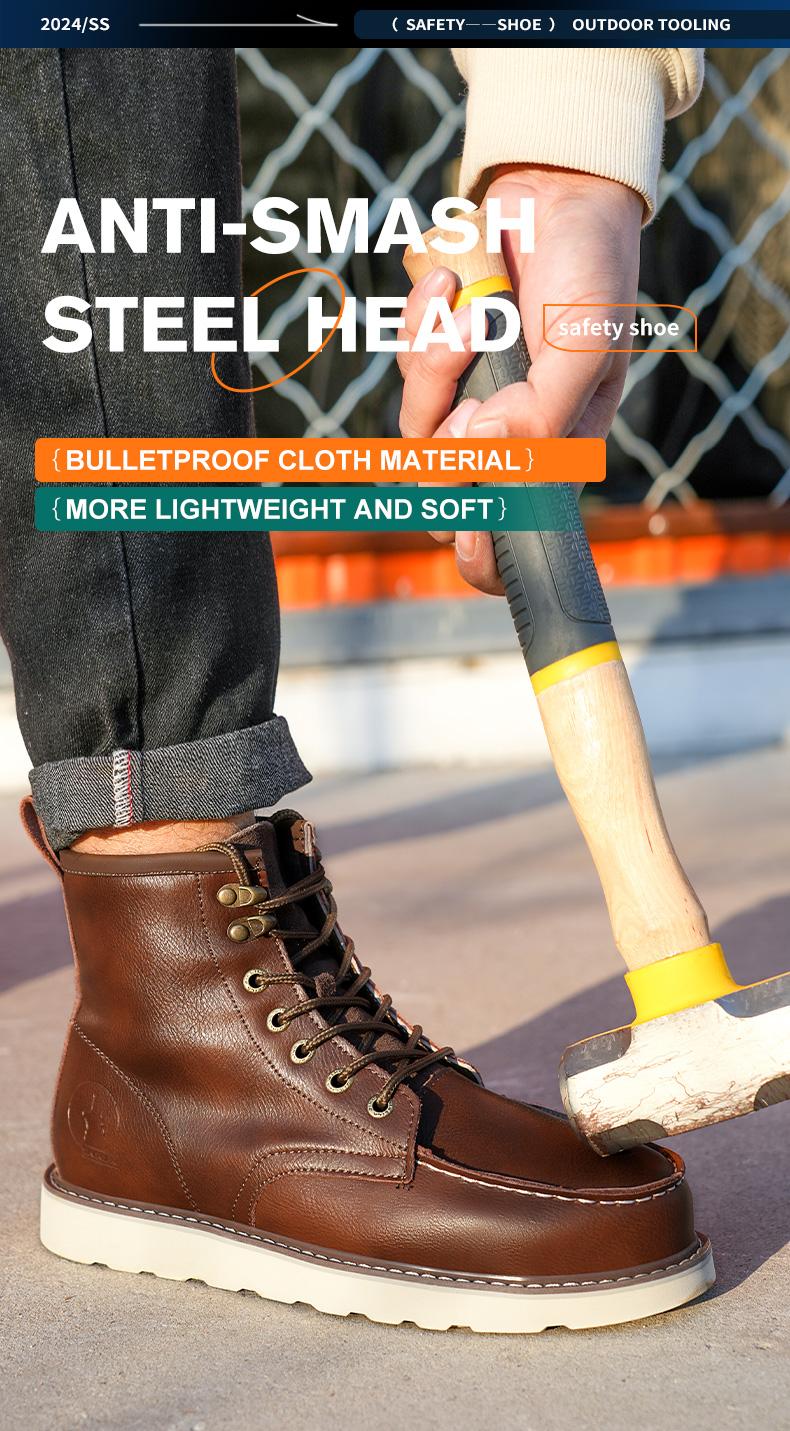 Men's Workwear - style Steel - toe Sports Non - slip Work Shoes, High - top Leather Safety Boots, with Anti - smashing, Anti - piercing, Shock - absorbing and Wear - resistant Properties. Footwear, Fathersday Gift. Classic Boy Closed