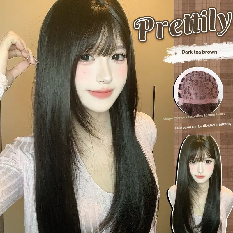 Women’s Synthetic Full Machine Wig - Long Straight Black Tea-Brown, Natural Full Headpiece, Lolita Style, Suitable for Round Faces
