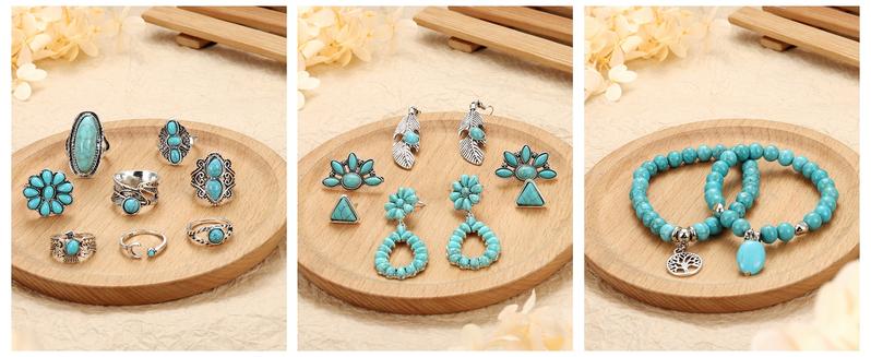 Fansilver 25pcs Western Jewelry Set for Women Bohemian Turquoise Pearl Necklace Beaded Choker Earrings Bracelets Knuckle Rings Western-Inspired Hypoallergenic Stainless Steel Jewelry